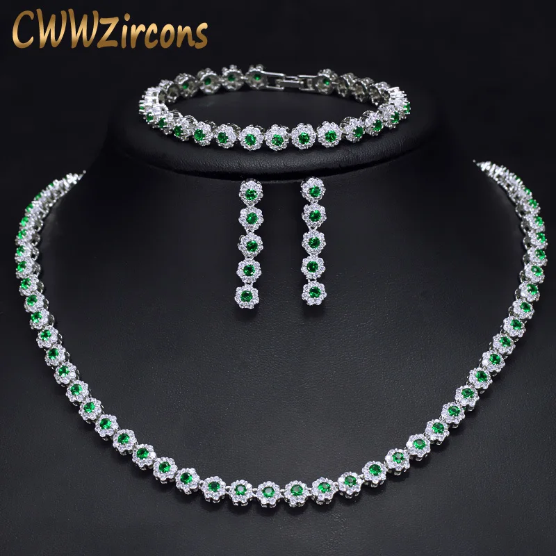 CWWZircons 3 Pcs CZ Green Crystal Bracelet Necklace and Earrings Sets Luxury Women Wedding Accessories Bride Jewelry Set T030