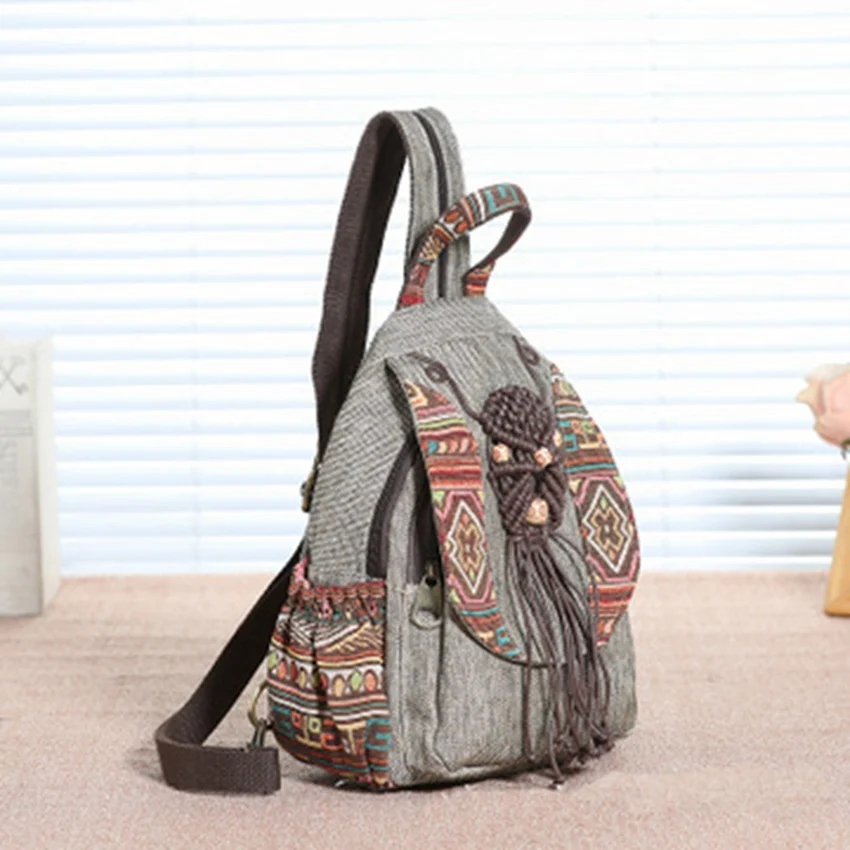 New Chinese style ethnic wind hand-woven leisure travel vacation retro fashion wild literary canvas fabric backpack