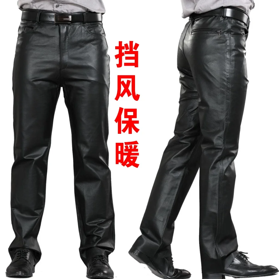 New Plus Size Genuine Leather Pants Men Brand Fashion Full Sheepskin Straight Pants Men Motorcycle Trousers