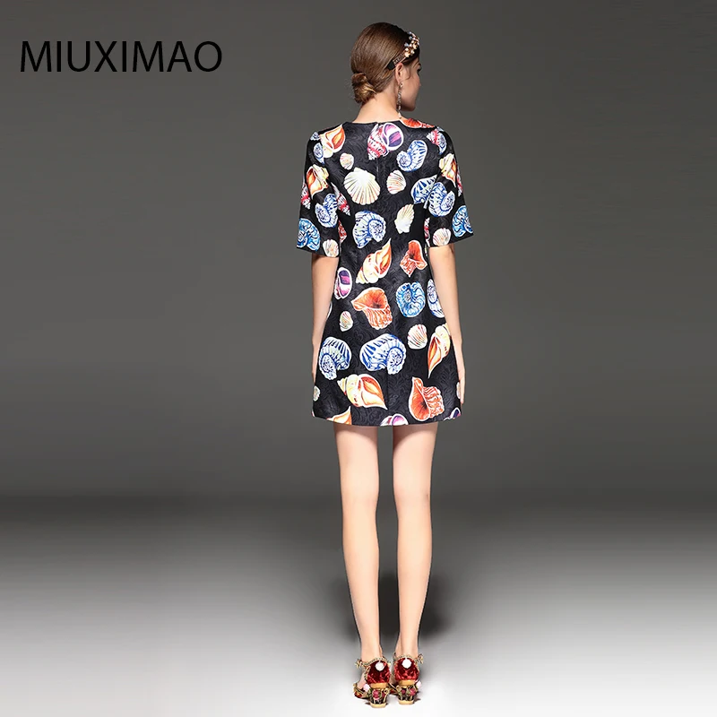 MIUXIMAO 2023 Spring &Summer Dress  Italy Sicily Print shell Beautiful Short Sleeve Slim Dobby Luxurious Casual Dress Women