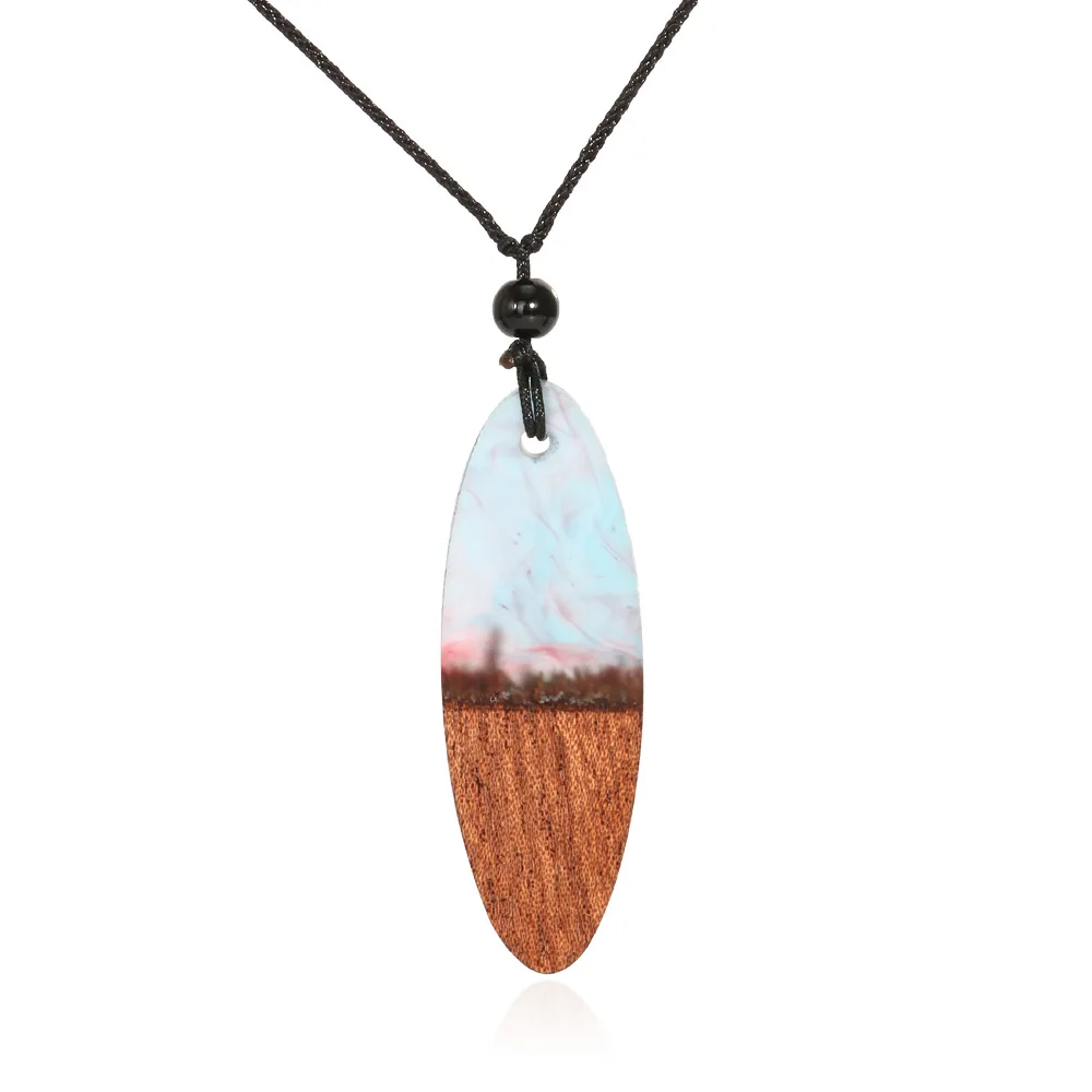 HOCOLE Fashion Handmade Resin Wood Pendant Necklace For Women and Men Geometric Pendant Black Rope Chain NecklaceJewelry Bijoux