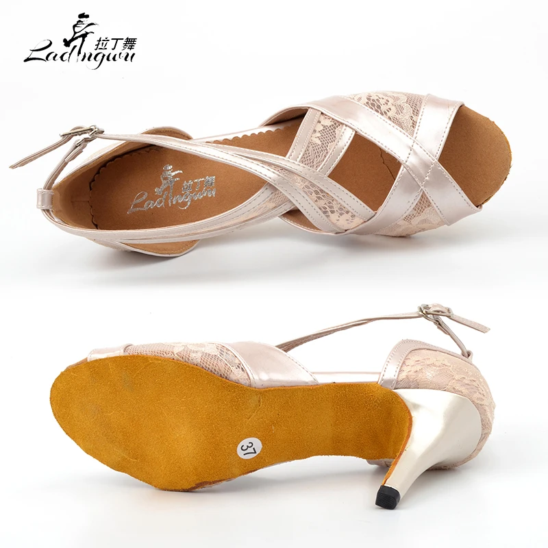 Ladingwu 2018 New Apricot/Black Lace and PU Ballroom sapato feminino festa Latin Dance Shoes Salsa Soft Bottom dance sandals