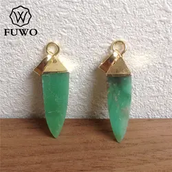 FUWO Wholesale Natural Chrysoprase Point Pendant,Golden Plated Green Stone Accessories For Women Jewelry Making 5Pcs/Lot PD201