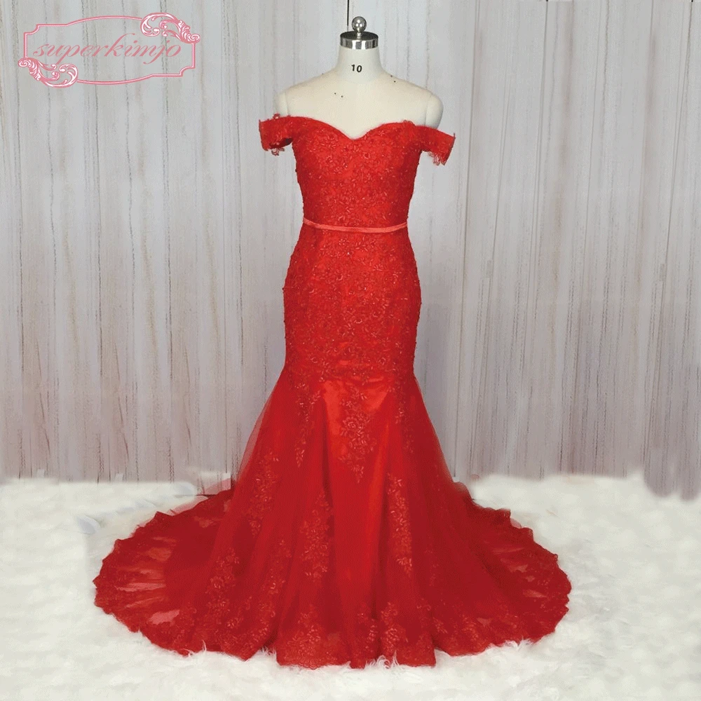 SuperKimJo Abiti Da Cerimonia rojo vestidos de noche LARGO DE el hombro Apliques de encaje con cuentas de noche elegante vestido Abendkleider