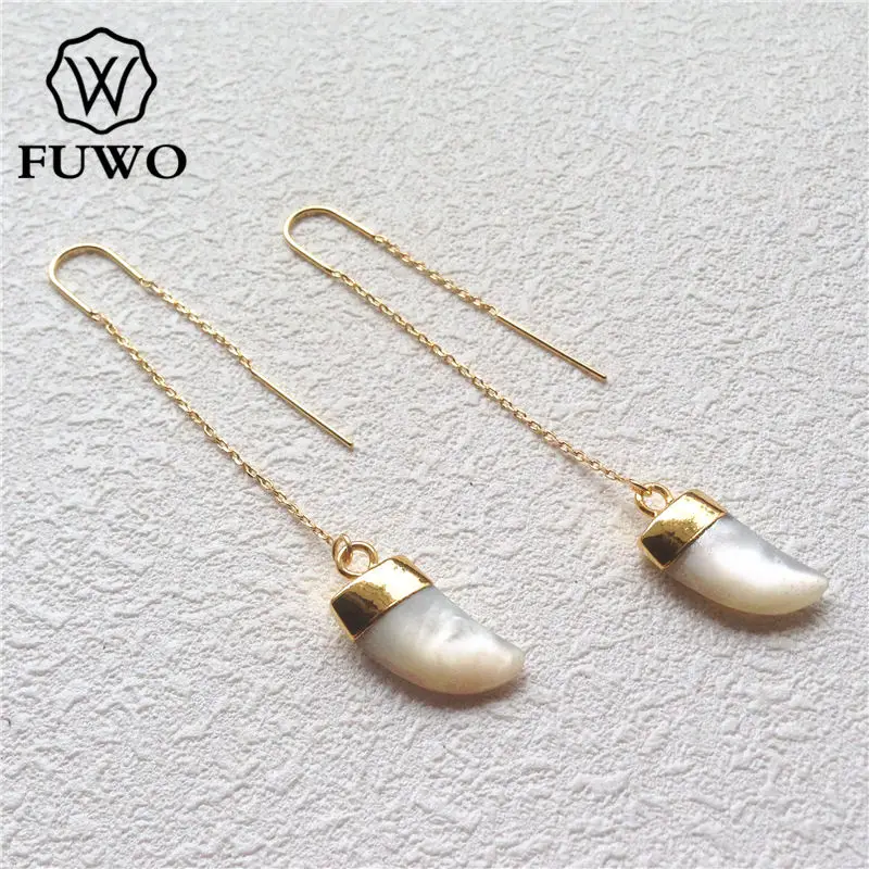 FUWO Natural Freshwater Pearl Threader Earrings With Golden Brass Plated Fashion Horn Shape Shell Jewelry For Women ER537