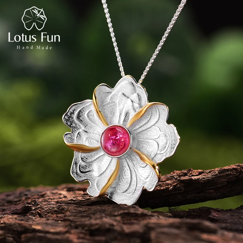 lotus fun real 925 prata esterlina turmalina natural artesanal joias finas peonia flor pingente sem colar para mulher 01