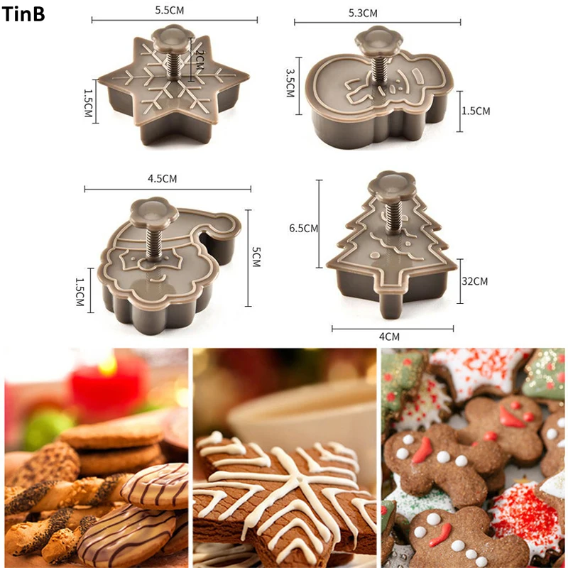 

DIY 4pcs Christmas Tree Snowman Plastic Baking Mold Kitchen Biscuit Cookie Cutter Pastry Plunger Fondant Cake Decorating Tools