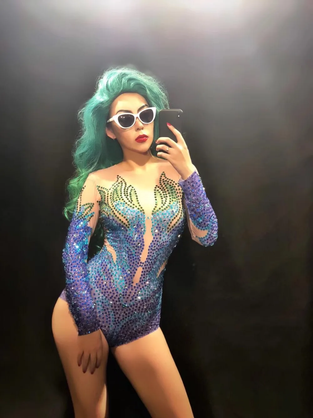 Novo brilhante strass malha bodysuit festa sexy traje dança mostrar boate feminino cantor usar ver através bodysuits