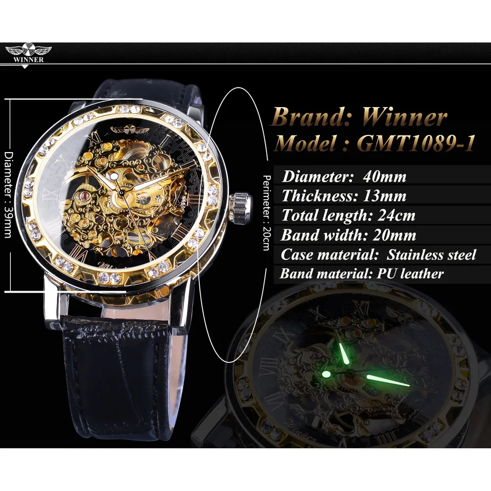 Winner Classic Skeleton Men Hand Wind Mechanical Black Leather Strap Luminous Royal Design Transparent Fashion Diamond Watch