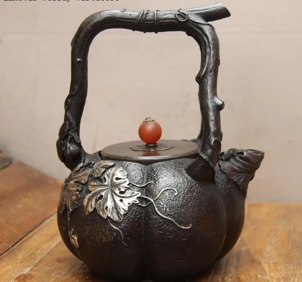 

Jepanese Iron Silver Gilt Pumpkin Vine Pergola Water Bottle TeaPot Teakettle Pot