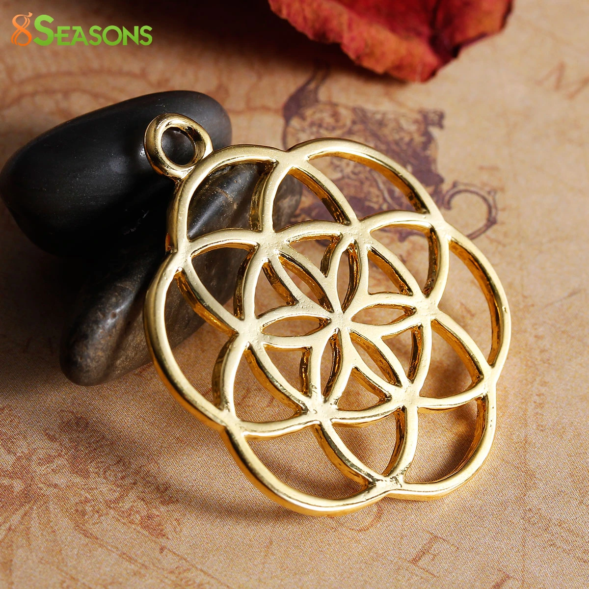 8Seasons Seed Of Life Pendants Flower Gold Color Hollow Carved Charms DIY Making Necklace Jewelry Findings Gifts 42mmx34mm,5PCs