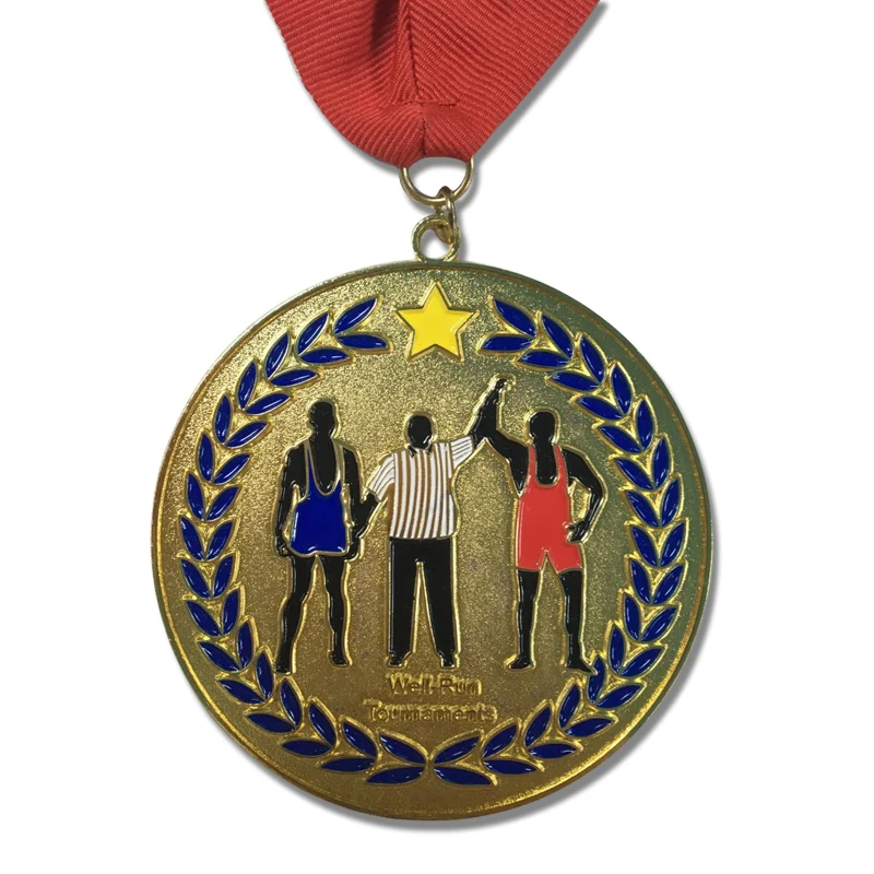 Discount sports medal cheap custom made electroplating gold medals with red ribbons