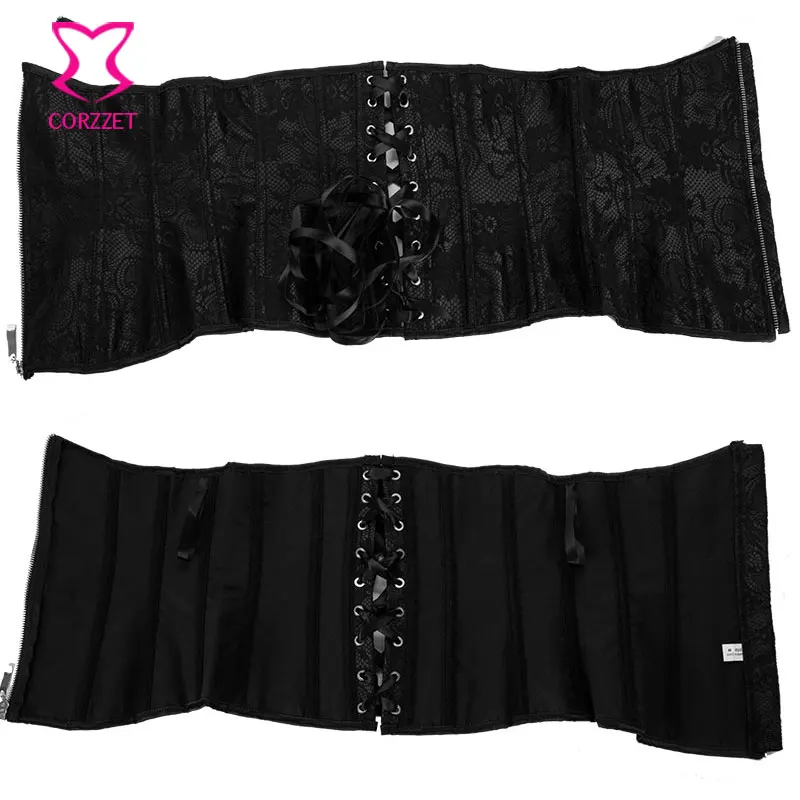 Black Satin&Floral Lace Overlay Underbust Corset Wait Trainer Sexy Waist Shaper Bustier Corpete Corselet Zipper Gothic Lingerie