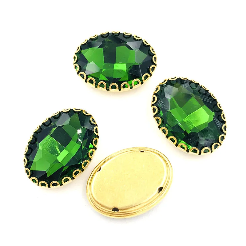 Grass green oval glass crystal sew on rhinestones gold bottom lacy shape claws 6X8/8X10/10X14/13x18mm Diy clothing accessories