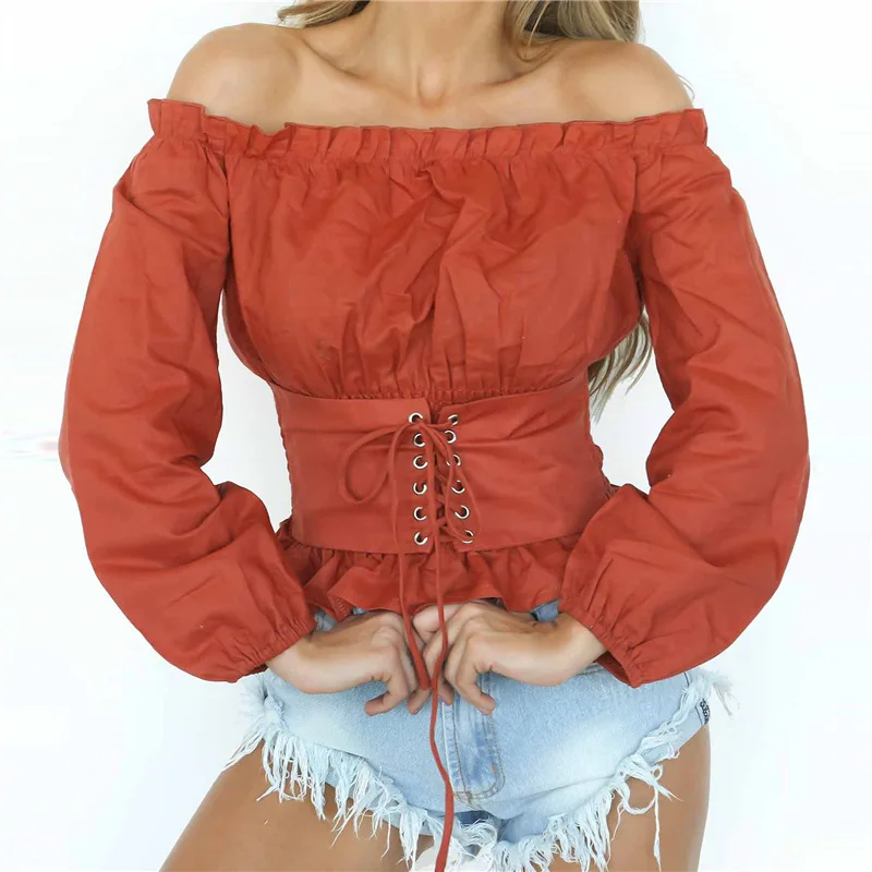 Autumn Sexy off shoulder ruffle long sleeve blouse waistband shirt tops Elegant women blouses Female Casual sashes blusas