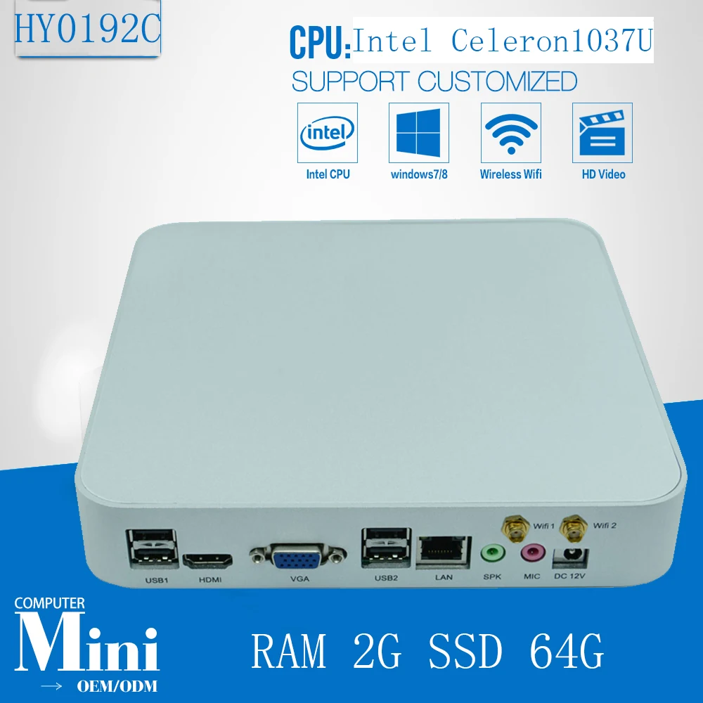 Mini PC Intel Celeron 1037U avec processeur Dual Core 1.8 go, 2 go de RAM, 64 go de SSD, pour Windows et Linux