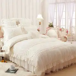 Kanten bloemen prinses beddengoedset, beige jacquard, satijnen katoenen ruches dekbed/dekbedovertrek, sprei, bedrok, kussenslopen