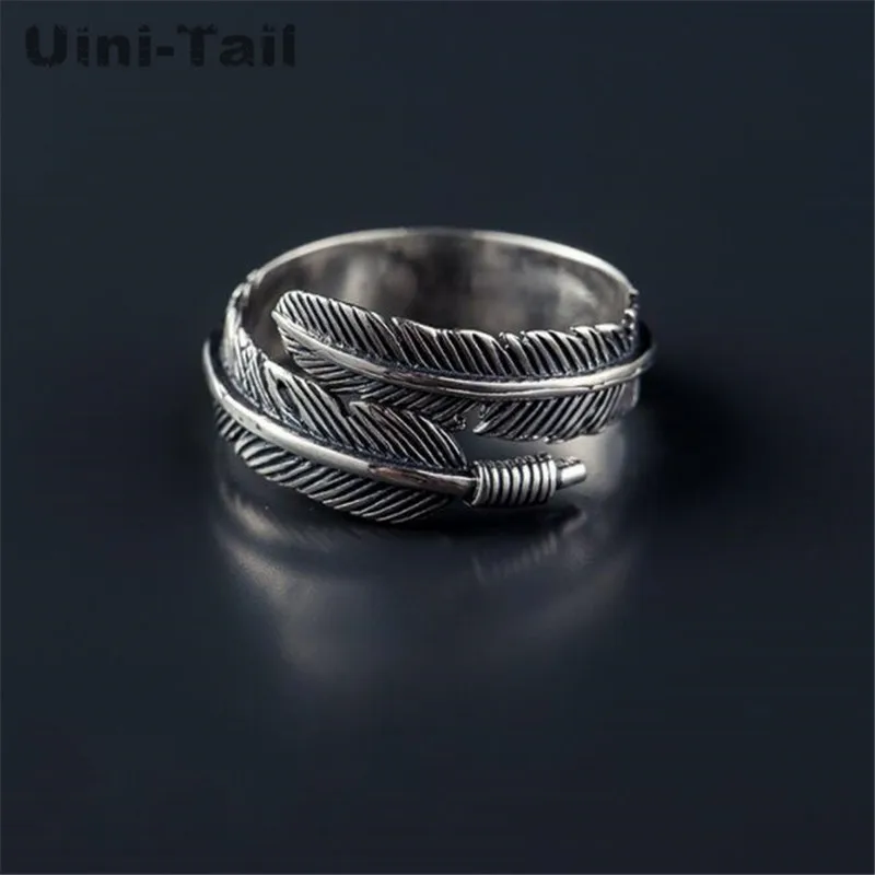 Hot Retro High-quality 925 Tibetan silver Jewelry Thai Silver Female Personality Feathers Arrow Open Ring Gift of choice  JZ189