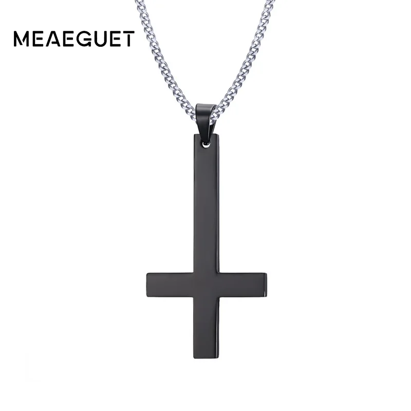 Meaeguet Stainless Steel Upside Down Cross Inverted Cross of St Peter Pendant Necklace Lucifer Satan Satanism Gothic jewelry
