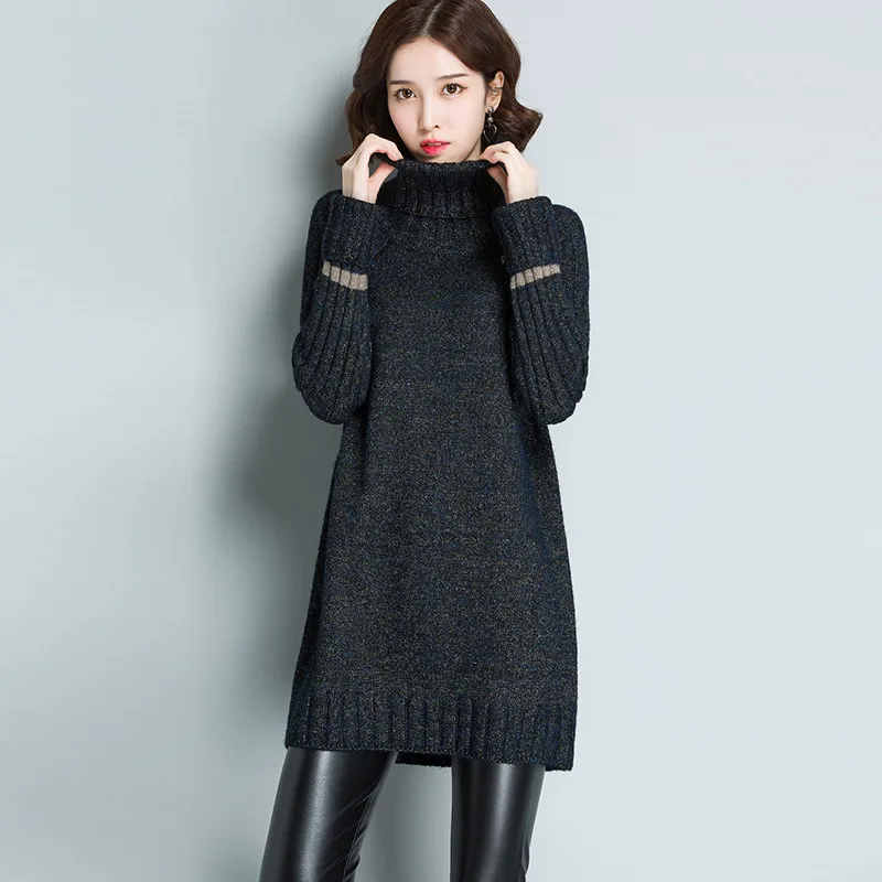 

2023 Autumn Winter Turtleneck Sweater Dress Women Female Long section Thick Wool Dress Korean Knitted Pullover X115
