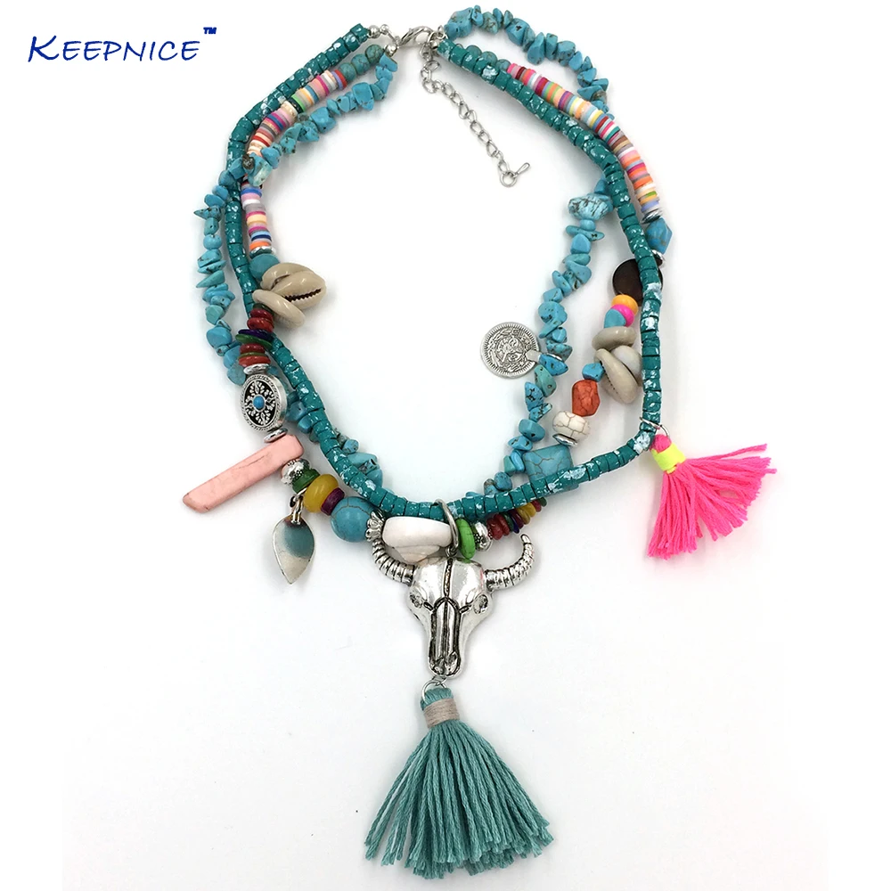 

New Bohemia tauren pendant stone beaded chain Necklaces cotton tassel choker necklace Multi Layer statement Necklaces