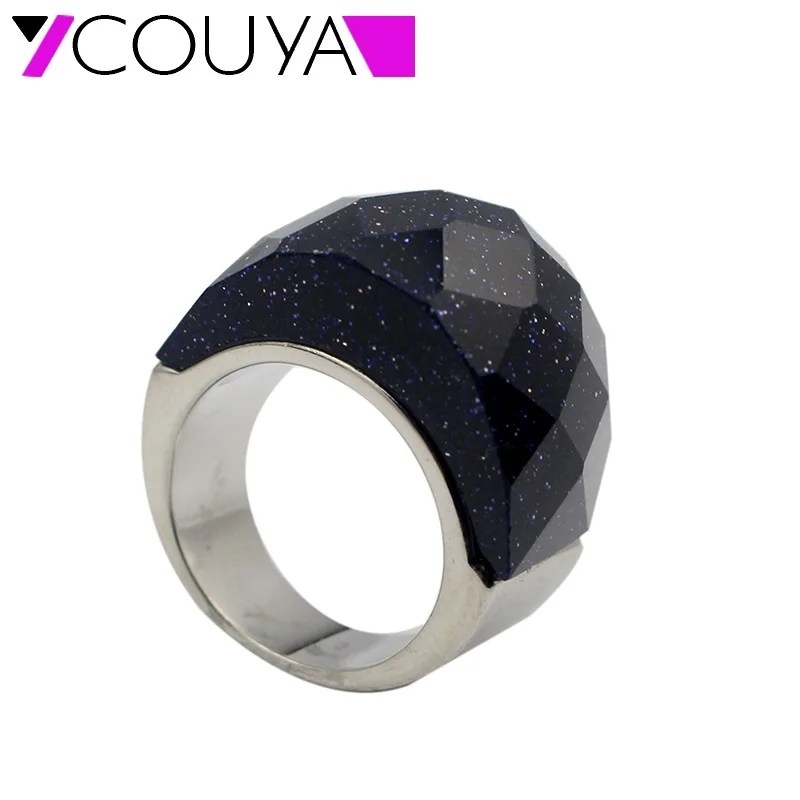 COUYA Ring Natural South African Blue Sandstone Silver color Rings Deep Color with Shiny Stars Rings Popular Style for Ladies