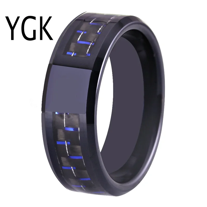 Women & Men's Wedding Anniversary Date Logos 8mm Black Bevel With Fiber Inlay Tungsten Ring