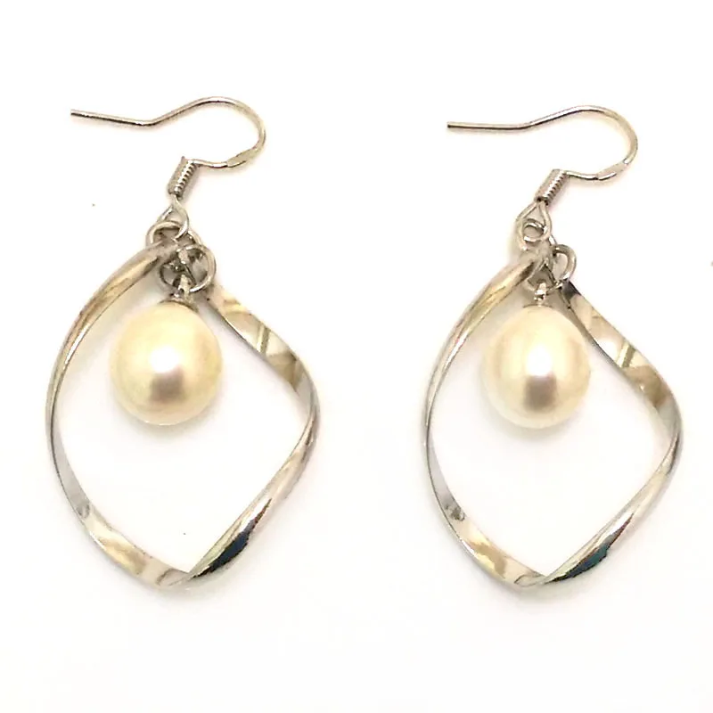 2 inches 9-10mm White Drop Pearl 925 Silver Dangle Twist Chandelier Earring