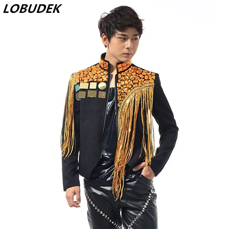 Tide Male Gold Rhinestones Jacket Tassels Mirrors Coat Nightclub Punk Singer Concert Stage Costume Rock Dancer Bar DJ Clothing