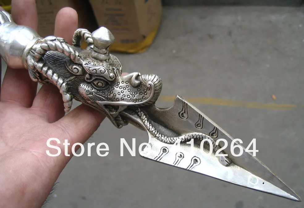 Chinese silver dragon RUYI good luck tool 4 arm Elephant Buddha Statues