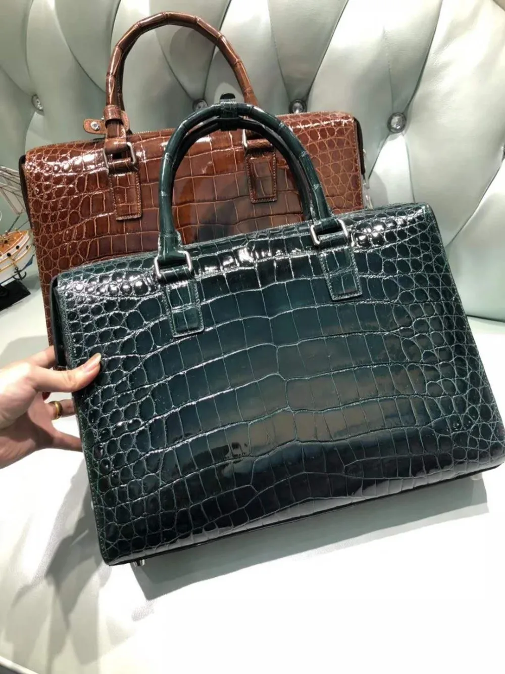 High glossy shinny Luxury quality genuine real crocodile skin belly leather men business briefcase bag laptop with code locker