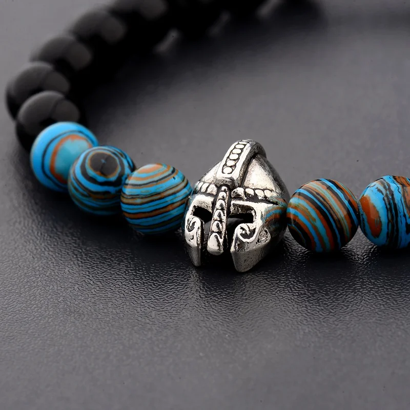 Fashion Knight Spartan Warrior Gladiator Helmet Bracelet Charm Bright Obsidian Malachite Men's Adjustable Bracelets Jewelry view 2