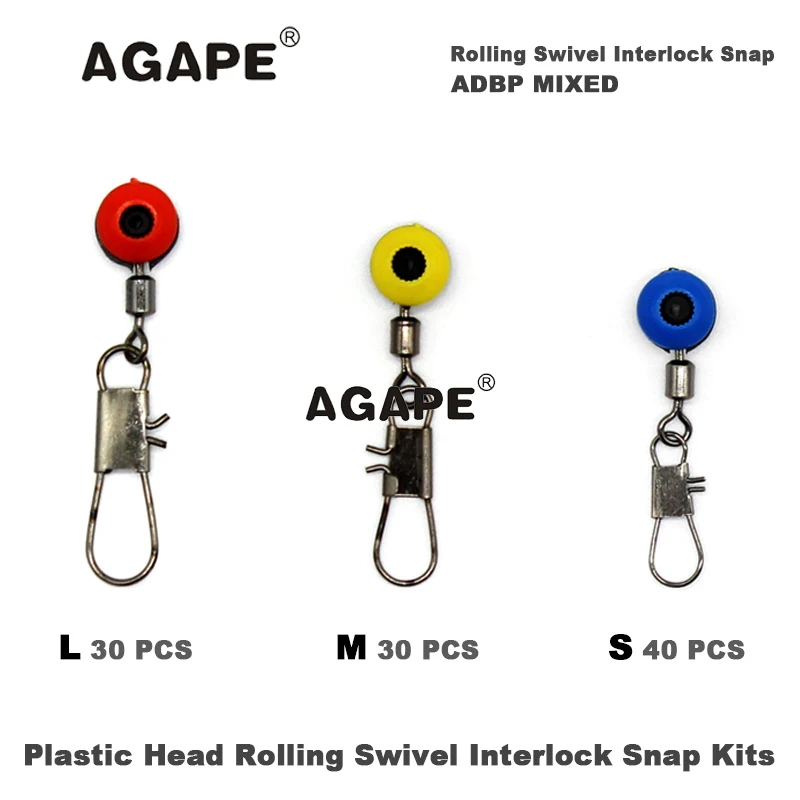 AGAPE Fishing Big Plastic Head Rolling Swivel With Interlock Snap Kits ADBP MIXED L M S 100pcs/Lot