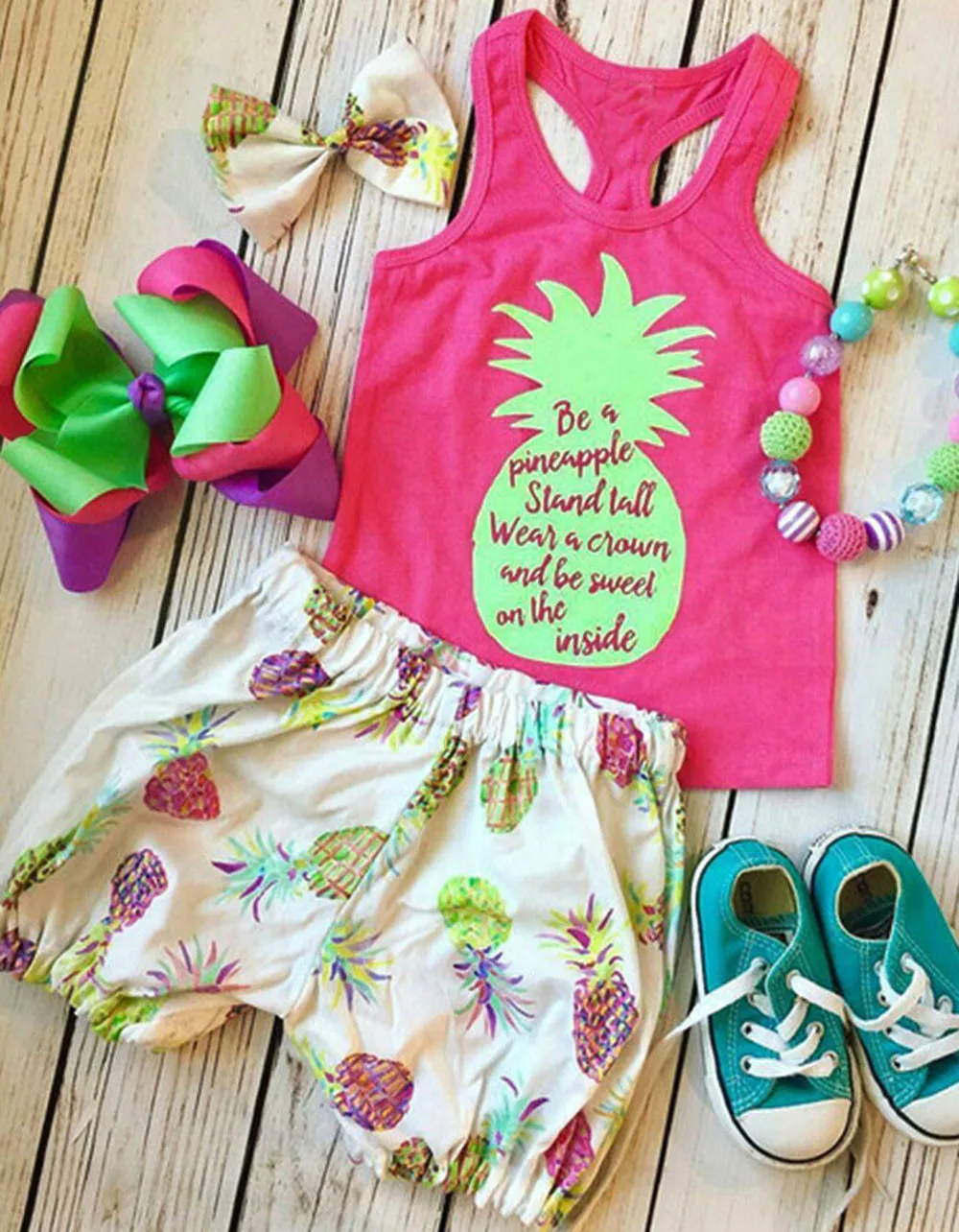 2024 Children girls clothing set fruit pineapple Summer style Tops vest +shorts Toddle Kids girls clothes sets