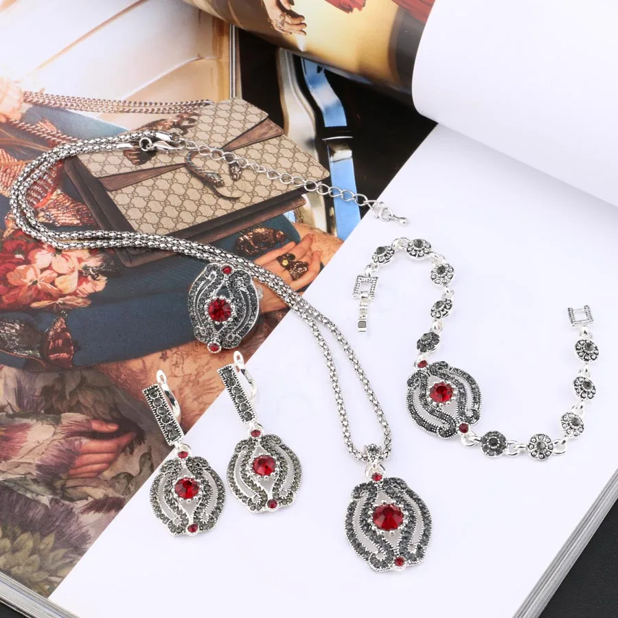 4 Pcs/lot Hot Vintage Wedding Jewelry Sets Gray Crystal Necklace Earrings Bracelet And Rings For Women Party Accessories