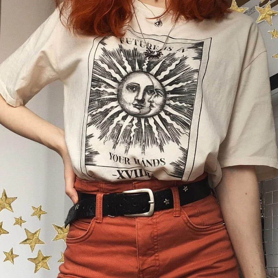 kuakuayu HJN The Future Is In Your Hands Sun And Moon Print Beige T-Shirt Vintage Fashion Grunge Style Tee Aesthetic Shirt