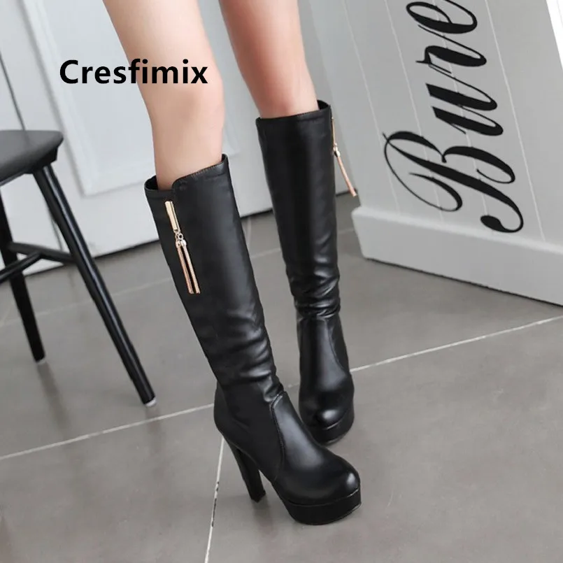 

Cresfimix Botas Femininas Women Cute Sweet Black Pu Leather Long Boots Female Autumn White Boots Autumn Beige Winter Boots C6022