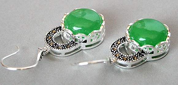 wholesale good earring for women sterling-- Fashion S Sterling  Natural Green gem Marcasite Earrings