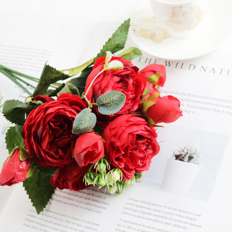 1 Bundle Silk Pfingstrose Bouquet Hause Dekoration Zubehör Hochzeit Sammelalbum Gefälschte Pflanzen Diy Pompons Künstliche Rosen Blumen – Detail 14