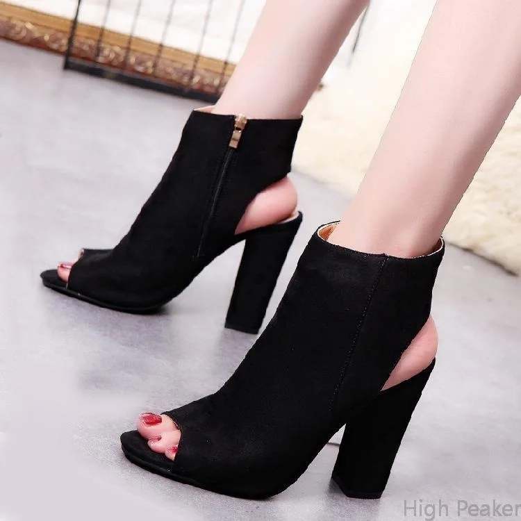 Classic Ankle Boots Faux Suede Leather Casual Open Peep Toe High Heels Zipper Fashion Square Rubber Black Shoes For Women sanda