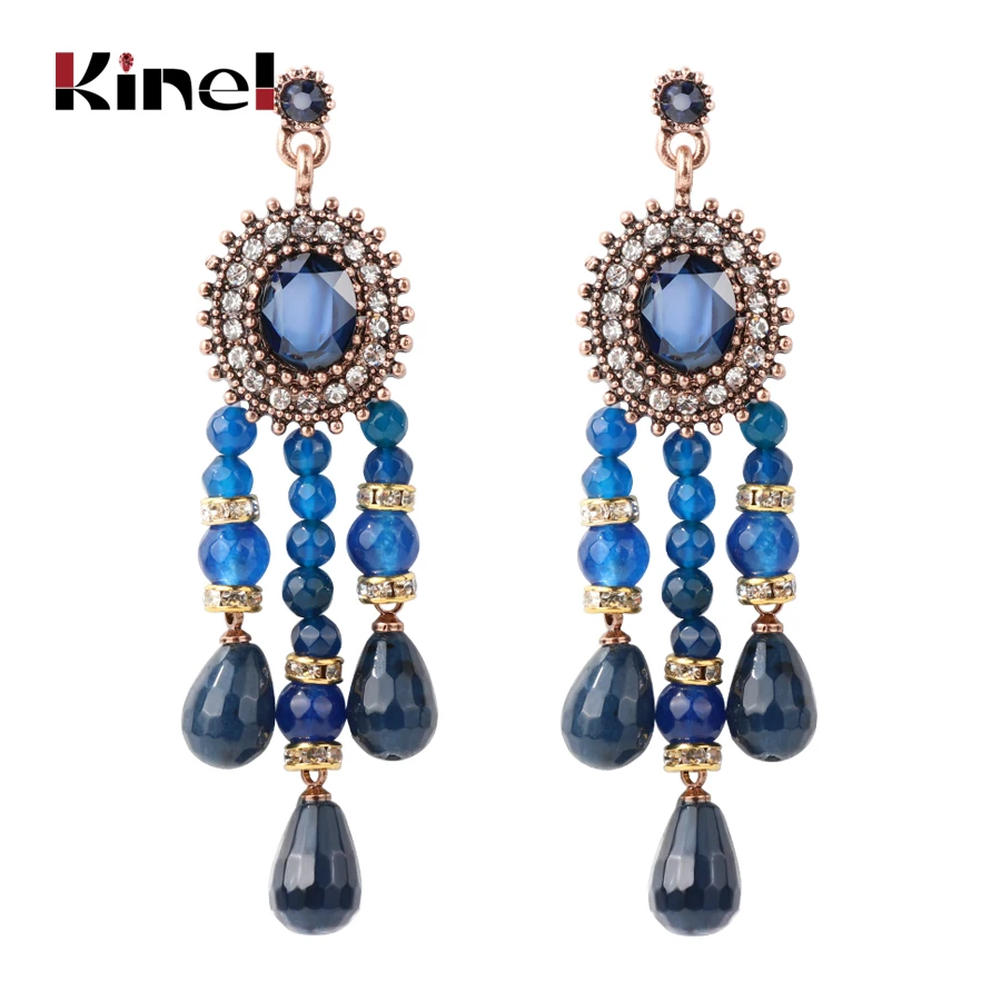 Kinel Blue Natural Stone Tassel Earrings For Women Fashion Antique Gold Color Vintage Jewelry Luxury Crystal Gift 2018 New