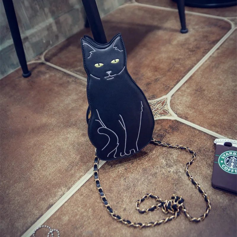 Black Cat Noverty Crossbody Chain Bag Women\'s Girl Street Fashion Animal Kitten Cute Cool Unique Fun Cross Body Purse Bag