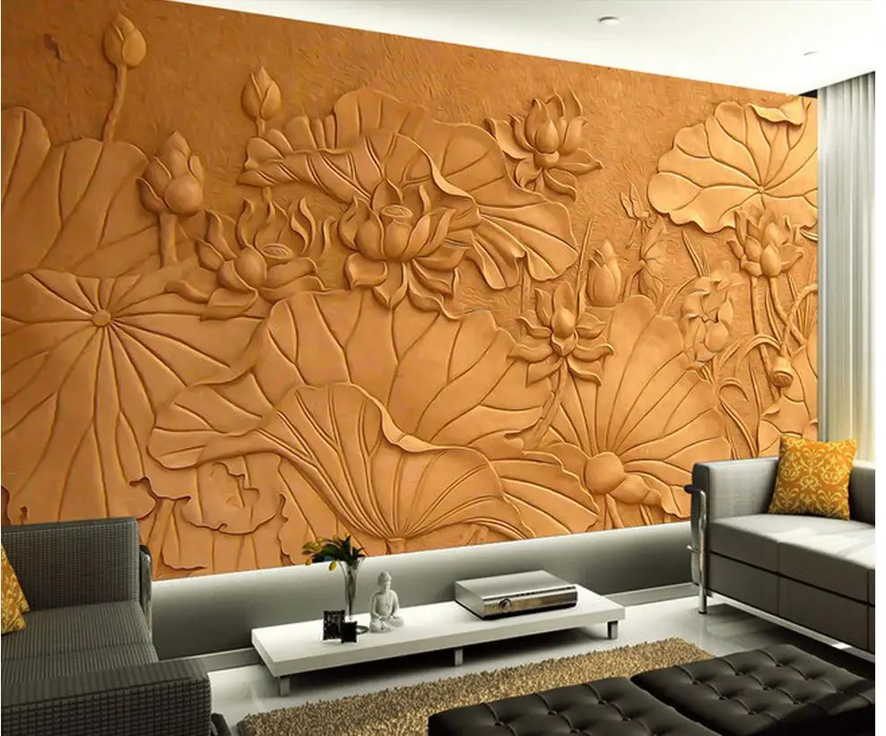 

Home Decoration Classical carved wooden mural TV backdrop lotus design 3d name wallpapers