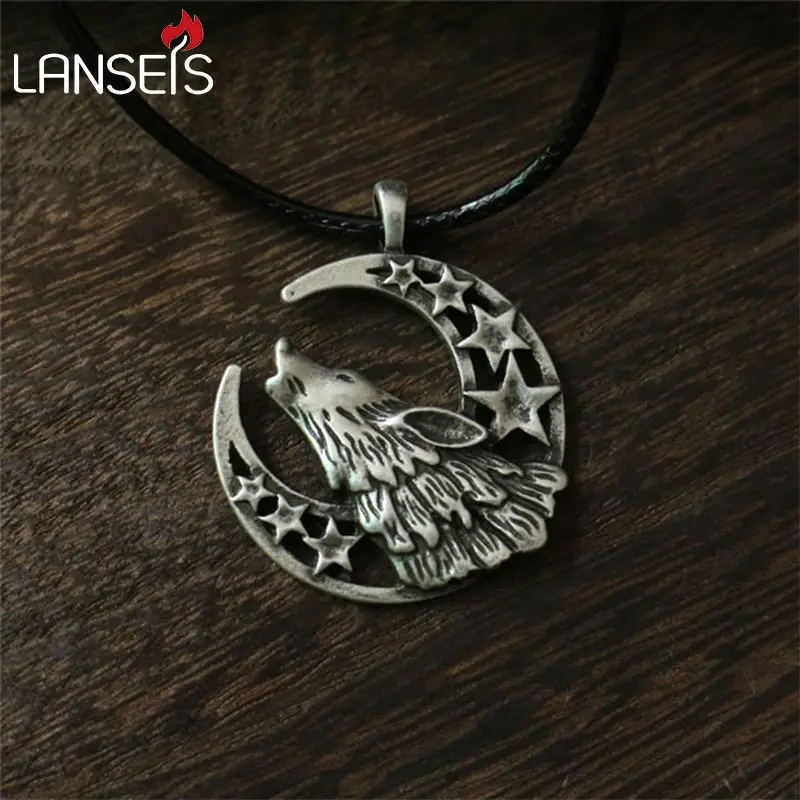 

lanseis10pc Celestial Howling Wolf Moon Cord Necklace, Unisex Wolf pendant men necklace