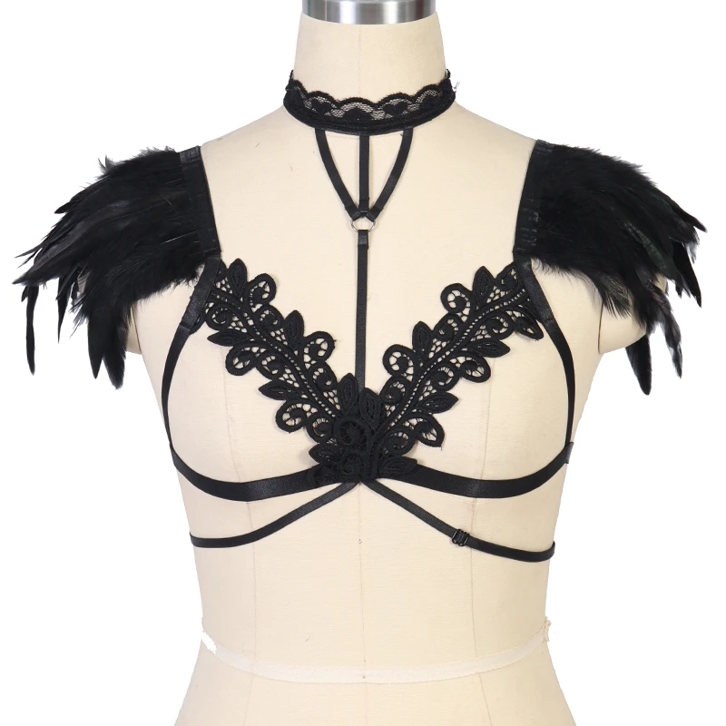 

Black Goth Feather Wings Body Harness Epaulettes Adjust Bondage shoulder burningman halloween burlesque festival dance Rave wear