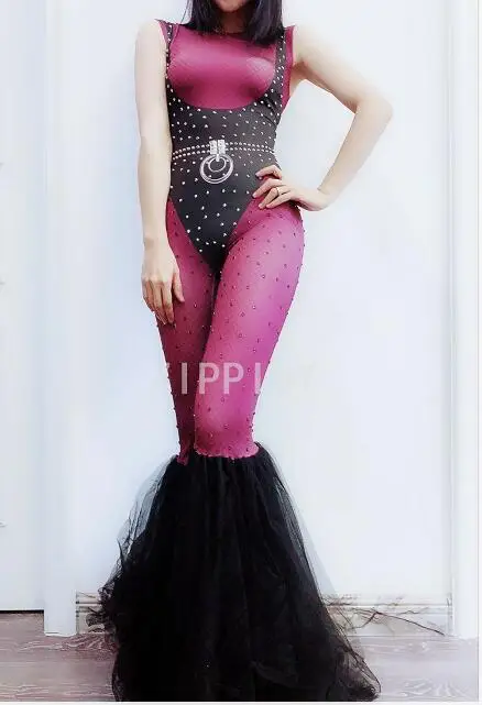 Bodysuit Nightclub Women Singer Clothes Black Purple Rhinestones Spandex Jumpsuit big Leggings Bar Birthday Party Dancer Show