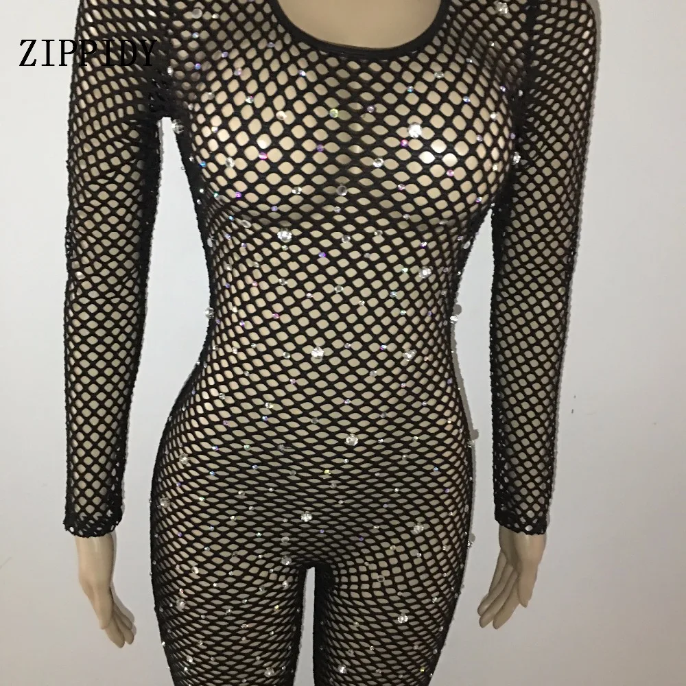 Fashion Black Grid Hollow Kristallen Jumpsuit Sexy Dans Slijtage Bodysuit vrouwen Avond Party Zangeres Kostuum Tonen Outfit