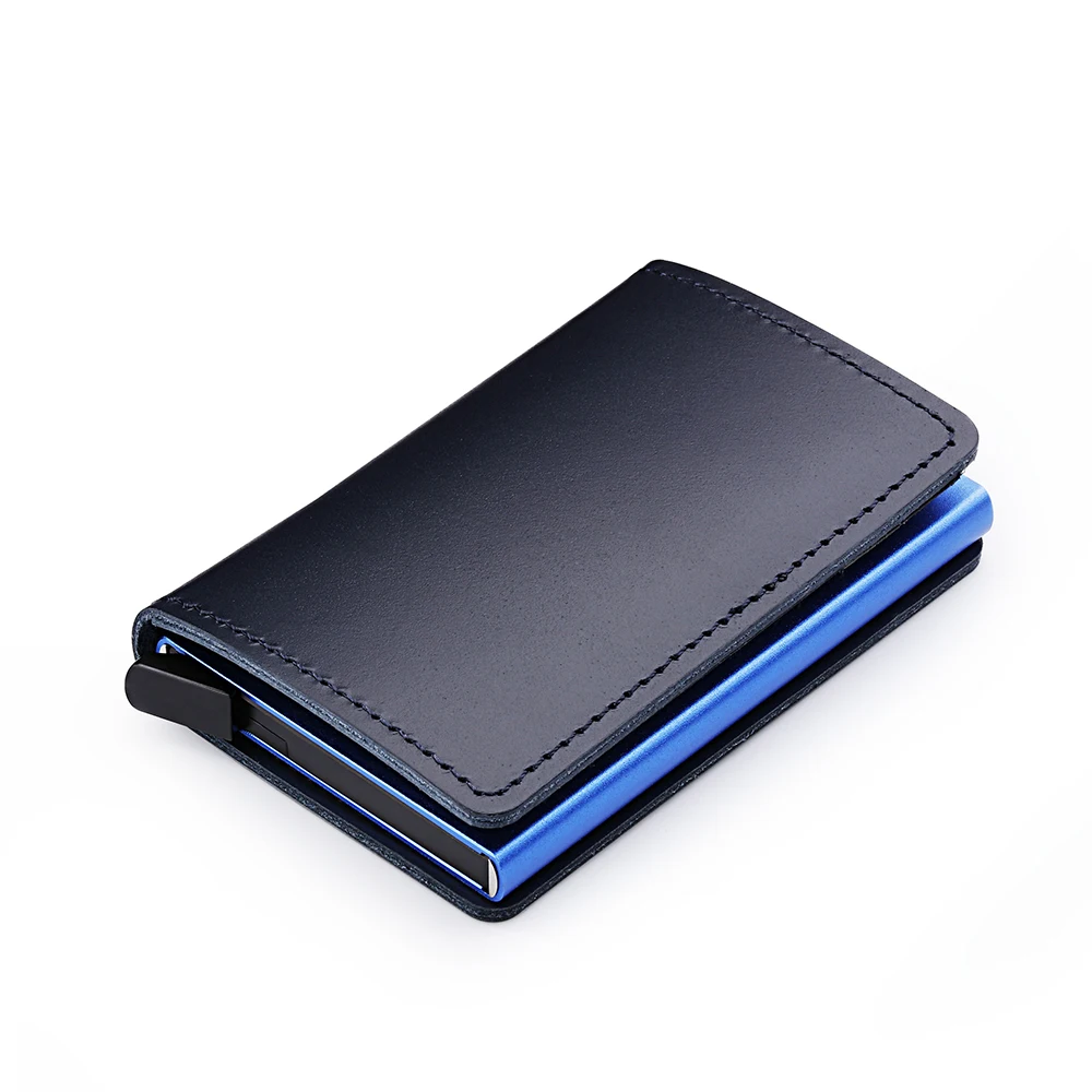 Luxury Genuine Leather Minimal Wallet for Credit Cards RFID Men Slim Metal Pop Up Card Holders