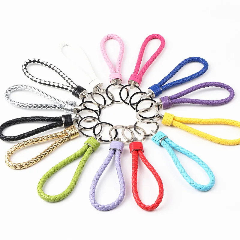 14pcs/lot Fashion Handmade PU Leather Rope Woven Keychain Metal key rings Key Chains Men or Women Key Holder Key