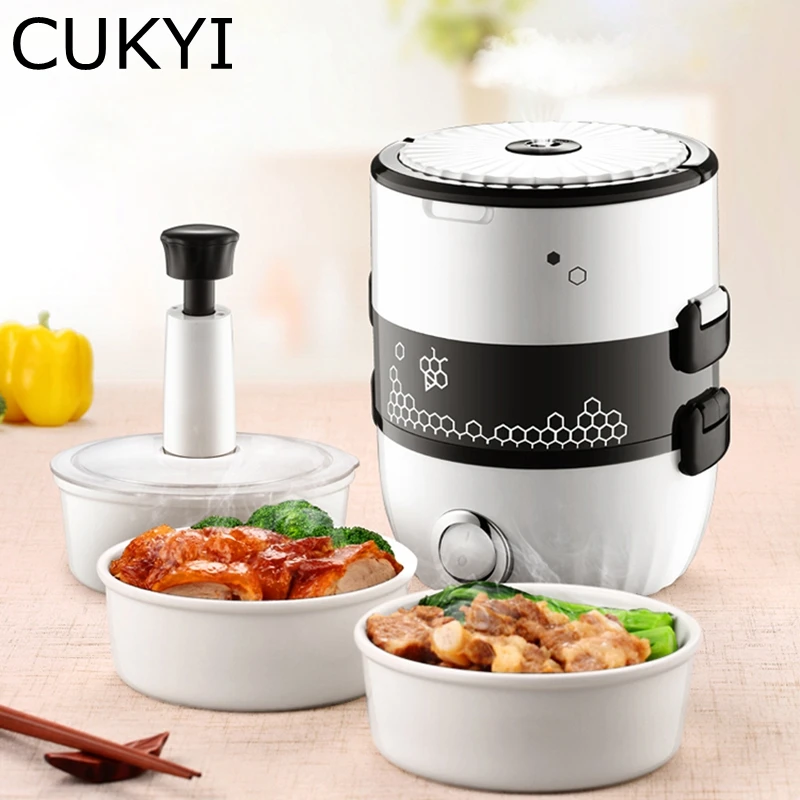 

CUKYI 220V Electric mini rice cooker steam egg lunch box vacuum 2 double layers isulation 1.3L ceramic liner EU/US adapter